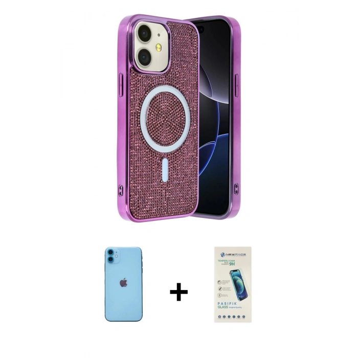 MARSİLYAN™- iPhone 11 Kılıf Eksen Çizgi - Şeffaf Pasifik Cam Ekran Koruyucu + Neon Fosforlu Kamera Lens - MI