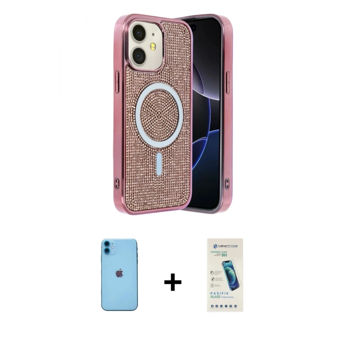 MARSİLYAN™- iPhone 11 Kılıf Eksen Çizgi - Şeffaf Pasifik Cam Ekran Koruyucu + Neon Fosforlu Kamera Lens - MI