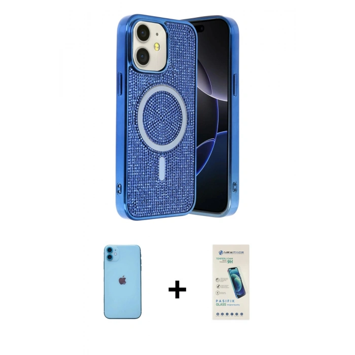 MARSİLYAN™- iPhone 11 Kılıf Eksen Çizgi - Şeffaf Pasifik Cam Ekran Koruyucu + Neon Fosforlu Kamera Lens - MI