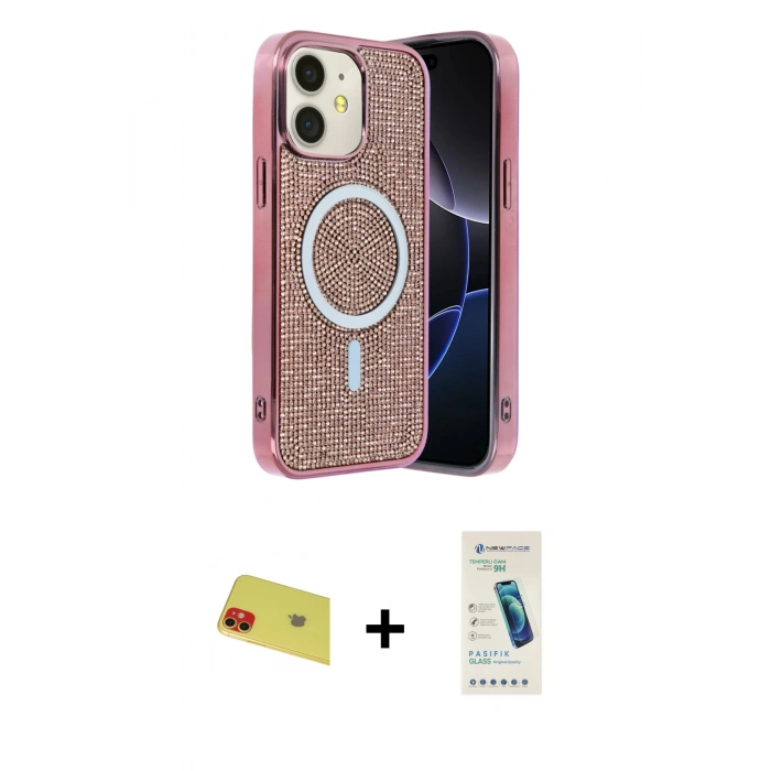 MARSİLYAN™- iPhone 11 Kılıf Eksen Çizgi - Şeffaf Pasifik Cam Ekran Koruyucu + Rainbow Kamera Lens Koruma Cam - KI