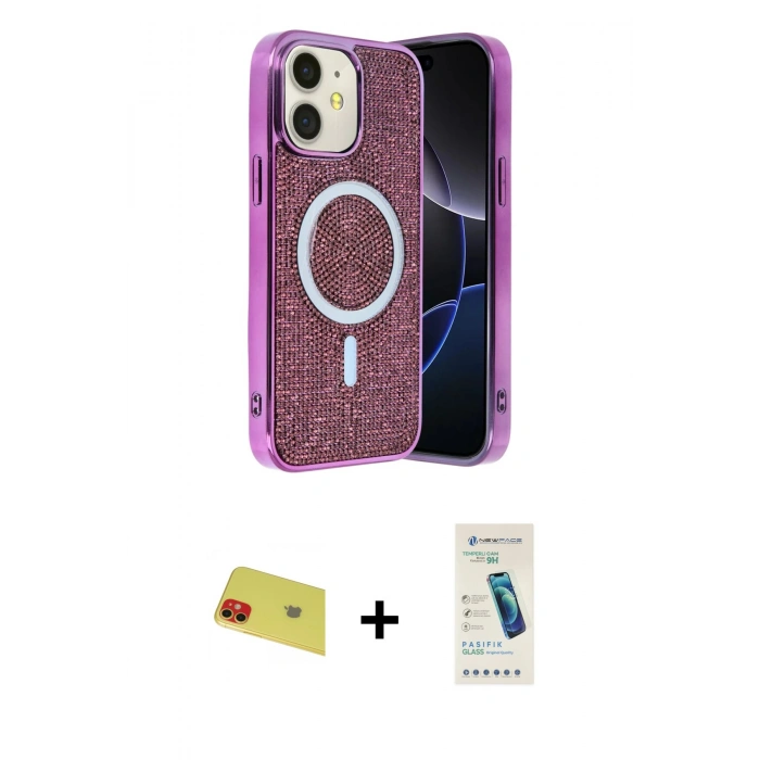 MARSİLYAN™- iPhone 11 Kılıf Eksen Çizgi - Şeffaf Pasifik Cam Ekran Koruyucu + Rainbow Kamera Lens Koruma Cam - KI