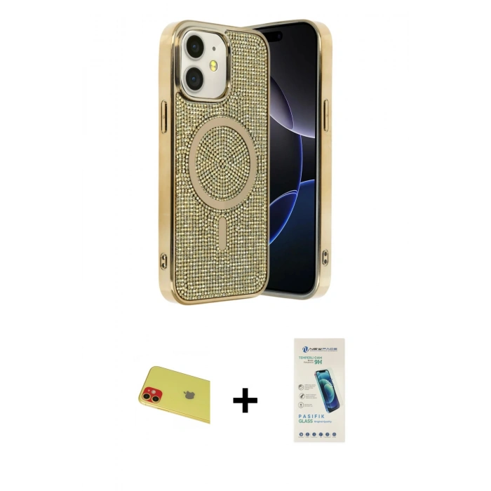 MARSİLYAN™- iPhone 11 Kılıf Eksen Çizgi - Şeffaf Pasifik Cam Ekran Koruyucu + Rainbow Kamera Lens Koruma Cam - KI