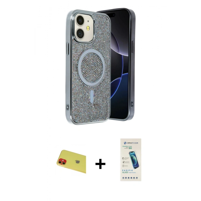MARSİLYAN™- iPhone 11 Kılıf Eksen Çizgi - Şeffaf Pasifik Cam Ekran Koruyucu + Rainbow Kamera Lens Koruma Cam - KI