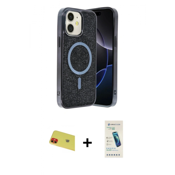 MARSİLYAN™- iPhone 11 Kılıf Eksen Çizgi - Şeffaf Pasifik Cam Ekran Koruyucu + Rainbow Kamera Lens Koruma Cam - KI