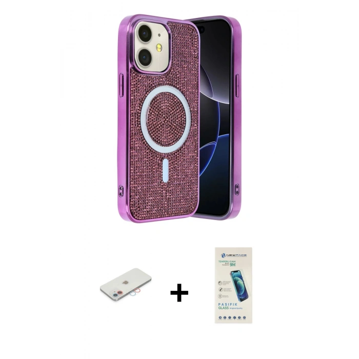 MARSİLYAN™- iPhone 11 Kılıf Eksen Çizgi - Şeffaf Pasifik Cam Ekran Koruyucu + Renkli Kamera Lens Koruma Cam - PE