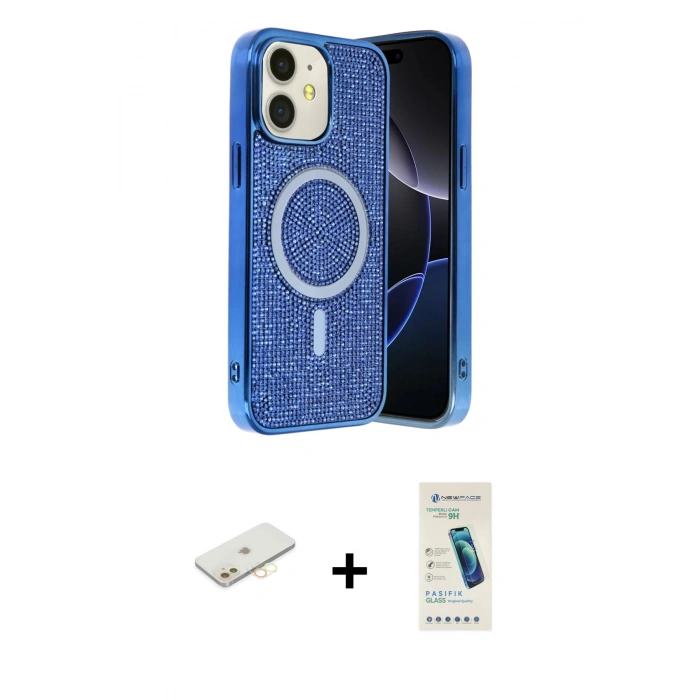 MARSİLYAN™- iPhone 11 Kılıf Eksen Çizgi - Şeffaf Pasifik Cam Ekran Koruyucu + Renkli Kamera Lens Koruma Cam - SI