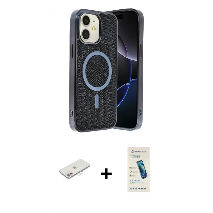 MARSİLYAN™- iPhone 11 Kılıf Eksen Çizgi - Şeffaf Pasifik Cam Ekran Koruyucu + Renkli Kamera Lens Koruma Cam - PE