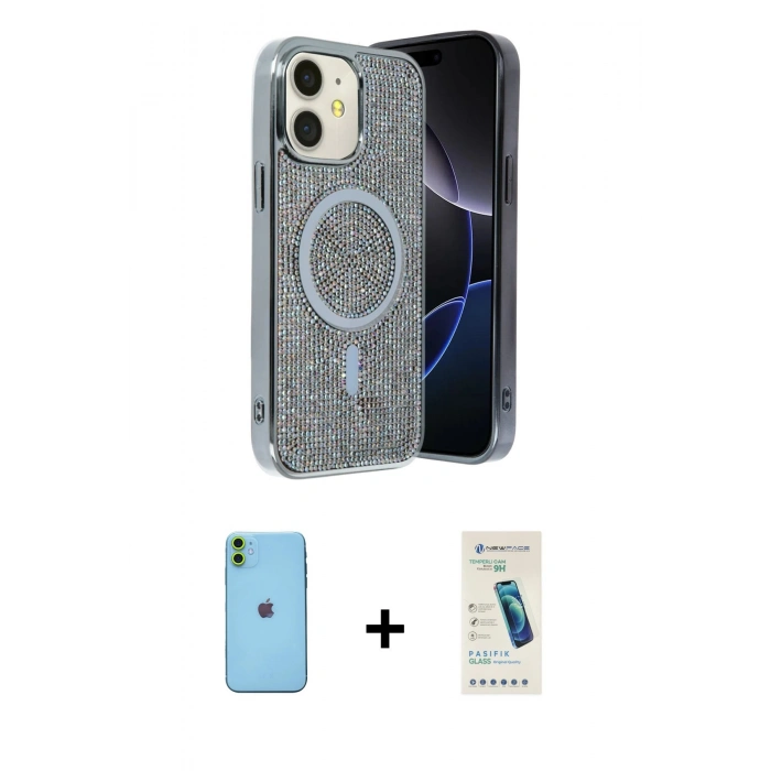 MARSİLYAN™- iPhone 11 Kılıf Eksen Çizgi - Şeffaf Pasifik Cam Ekran Koruyucu + Neon Fosforlu Kamera Lens - YL