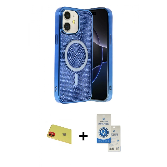 MARSİLYAN™- iPhone 11 Kılıf Eksen Çizgi - Şeffaf Royal Nano Ekran Koruyucu + Rainbow Kamera Lens Koruma Cam - KI