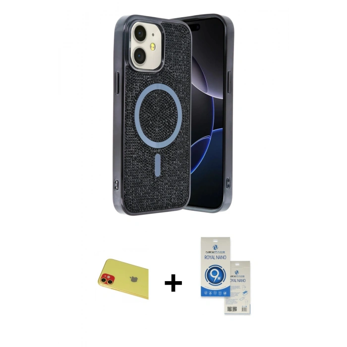 MARSİLYAN™- iPhone 11 Kılıf Eksen Çizgi - Şeffaf Royal Nano Ekran Koruyucu + Rainbow Kamera Lens Koruma Cam - KI