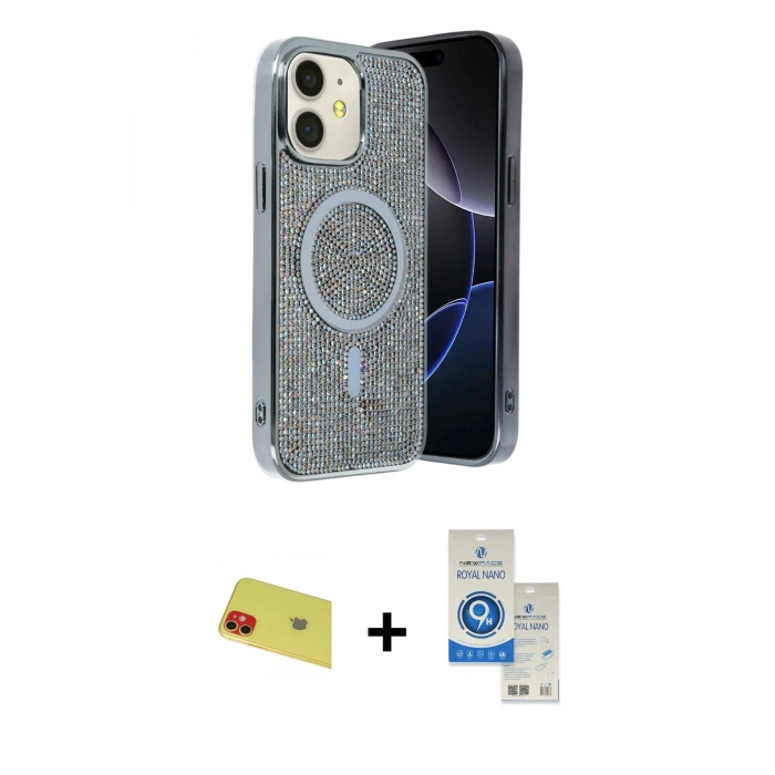 MARSİLYAN™- iPhone 11 Kılıf Eksen Çizgi - Şeffaf Royal Nano Ekran Koruyucu + Rainbow Kamera Lens Koruma Cam - KI