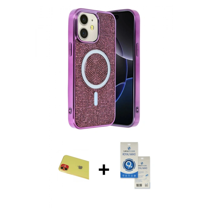 MARSİLYAN™- iPhone 11 Kılıf Eksen Çizgi - Şeffaf Royal Nano Ekran Koruyucu + Rainbow Kamera Lens Koruma Cam - KI