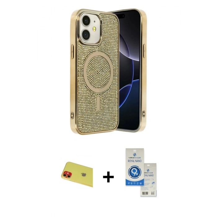 MARSİLYAN™- iPhone 11 Kılıf Eksen Çizgi - Şeffaf Royal Nano Ekran Koruyucu + Rainbow Kamera Lens Koruma Cam - KI