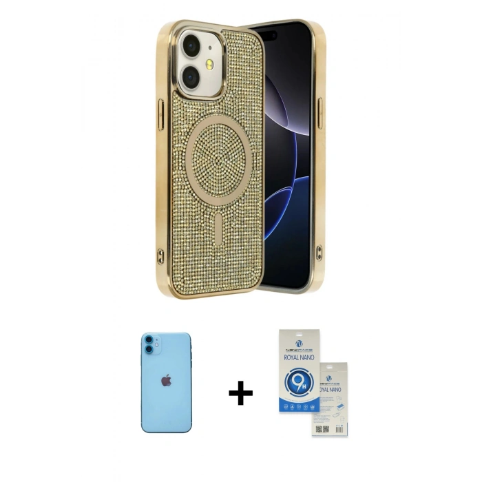 MARSİLYAN™- iPhone 11 Kılıf Eksen Çizgi - Şeffaf Royal Nano Ekran Koruyucu + Neon Fosforlu Kamera Lens - MI