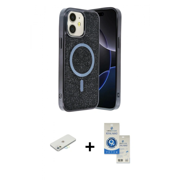 MARSİLYAN™- iPhone 11 Kılıf Eksen Çizgi - Şeffaf Royal Nano Ekran Koruyucu + Renkli Kamera Lens Koruma Cam - SI