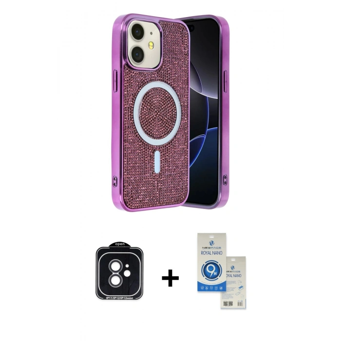 MARSİLYAN™- iPhone 11 Kılıf Eksen Çizgi - Şeffaf Royal Nano Ekran Koruyucu + PVD Metal Kamera Lens - SH