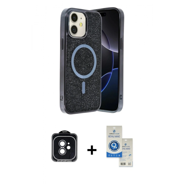 MARSİLYAN™- iPhone 11 Kılıf Eksen Çizgi - Şeffaf Royal Nano Ekran Koruyucu + PVD Metal Kamera Lens - SH
