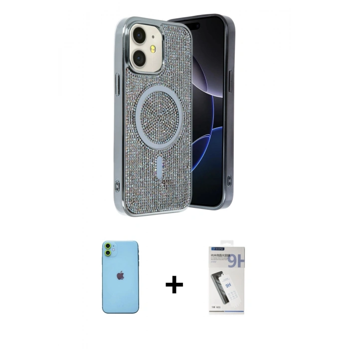 MARSİLYAN™- iPhone 11 Kılıf Eksen Çizgi - Şeffaf Uv Polymer Nano Ekran Koruyucu + Neon Fosforlu Kamera Lens - YL