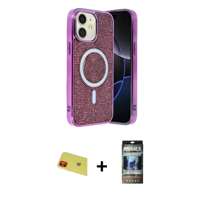 MARSİLYAN™- iPhone 11 Kılıf Eksen Çizgi - Siyah 34D Hayalet Izgaralı Cam + Rainbow Kamera Lens Koruma Cam - KI