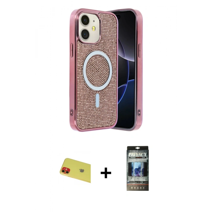 MARSİLYAN™- iPhone 11 Kılıf Eksen Çizgi - Siyah 34D Hayalet Izgaralı Cam + Rainbow Kamera Lens Koruma Cam - KI