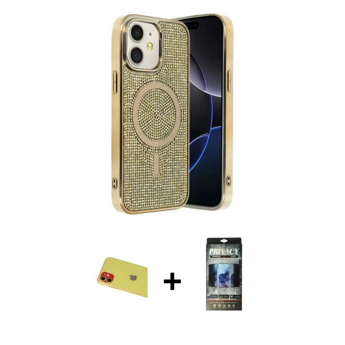 MARSİLYAN™- iPhone 11 Kılıf Eksen Çizgi - Siyah 34D Hayalet Izgaralı Cam + Rainbow Kamera Lens Koruma Cam - KI