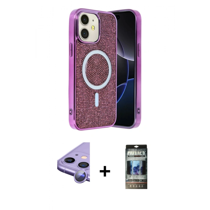 MARSİLYAN™- iPhone 11 Kılıf Eksen Çizgi - Siyah 34D Hayalet Izgaralı Cam + Raze Metal Kamera Lens - MR
