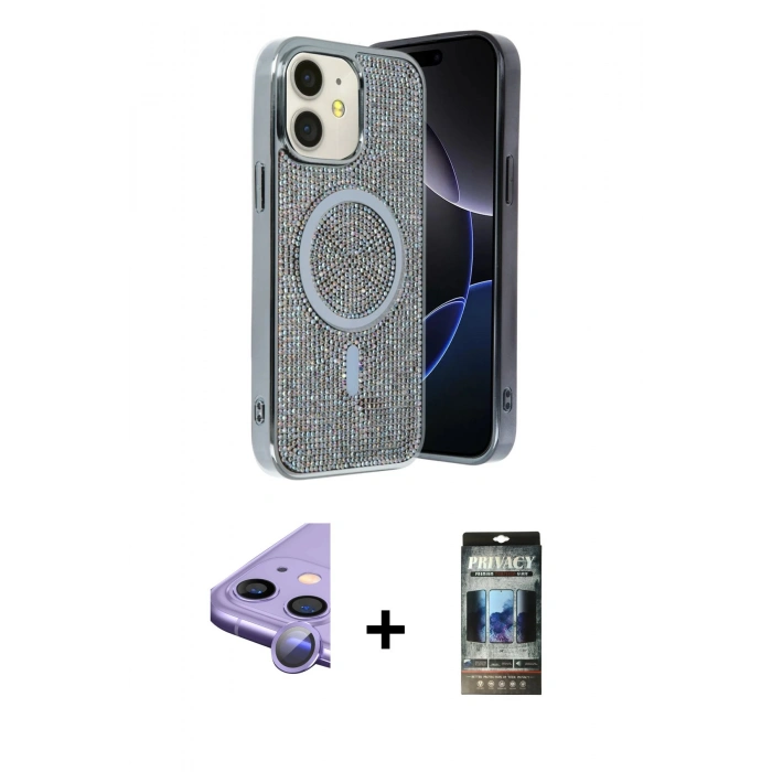 MARSİLYAN™- iPhone 11 Kılıf Eksen Çizgi - Siyah 34D Hayalet Izgaralı Cam + Raze Metal Kamera Lens - MR