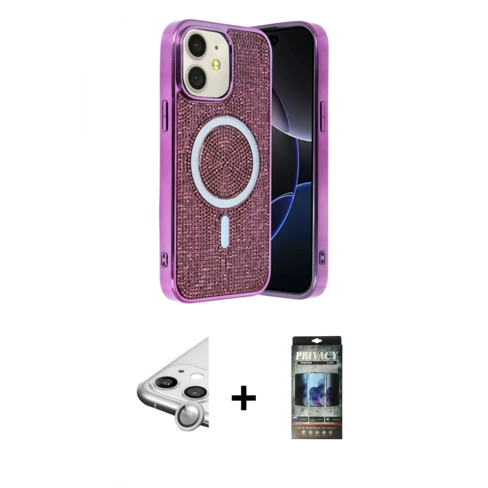 MARSİLYAN™- iPhone 11 Kılıf Eksen Çizgi - Siyah 34D Hayalet Izgaralı Cam + Raze Metal Kamera Lens - GS