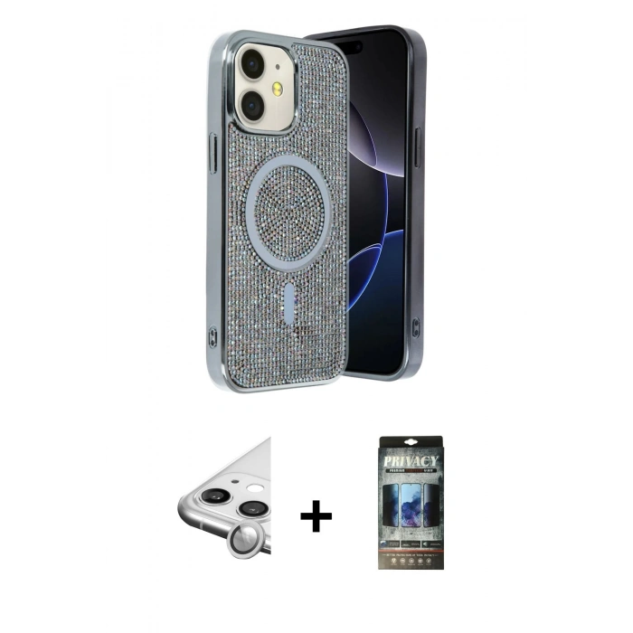 MARSİLYAN™- iPhone 11 Kılıf Eksen Çizgi - Siyah 34D Hayalet Izgaralı Cam + Raze Metal Kamera Lens - GS