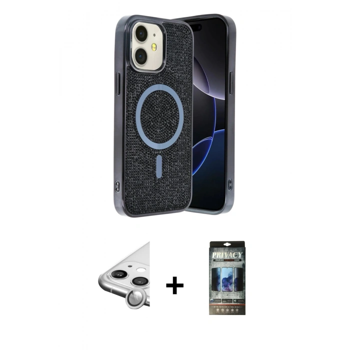 MARSİLYAN™- iPhone 11 Kılıf Eksen Çizgi - Siyah 34D Hayalet Izgaralı Cam + Raze Metal Kamera Lens - GS