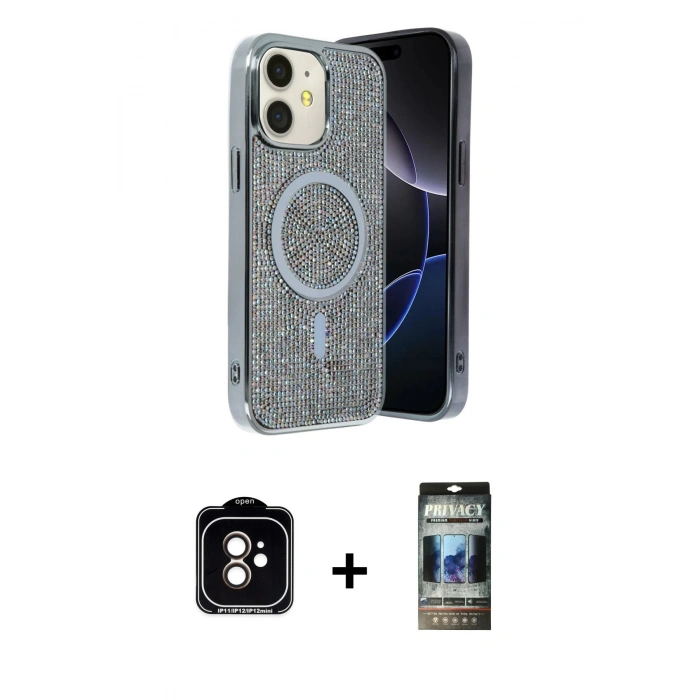 MARSİLYAN™- iPhone 11 Kılıf Eksen Çizgi - Siyah 34D Hayalet Izgaralı Cam + PVD Metal Kamera Lens - TU