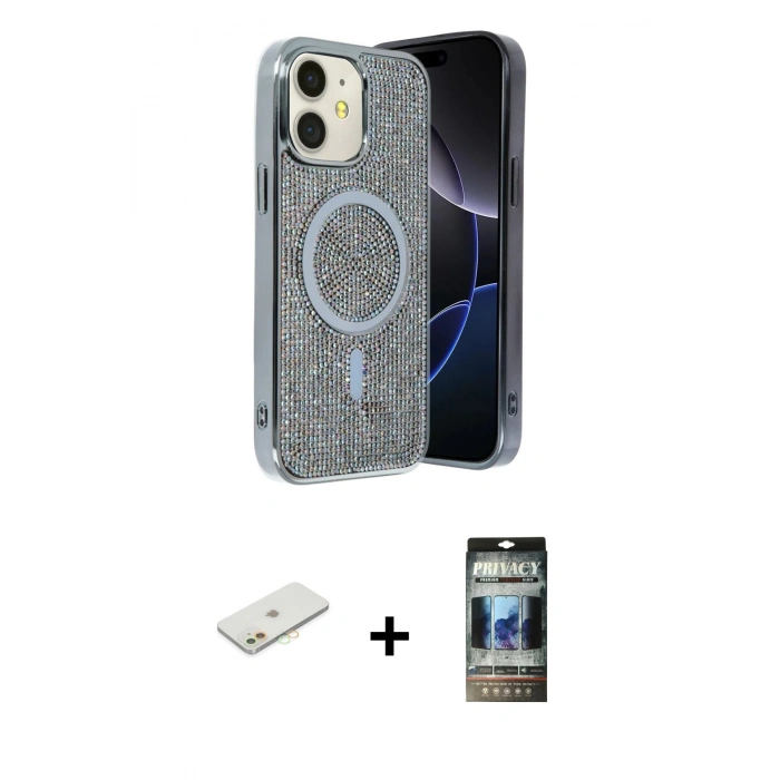 MARSİLYAN™- iPhone 11 Kılıf Eksen Çizgi - Siyah 34D Hayalet Izgaralı Cam + Renkli Kamera Lens Koruma Cam - TU