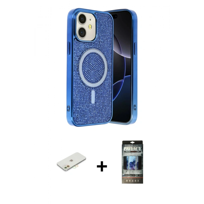 MARSİLYAN™- iPhone 11 Kılıf Eksen Çizgi - Siyah 34D Hayalet Izgaralı Cam + Renkli Kamera Lens Koruma Cam - TU