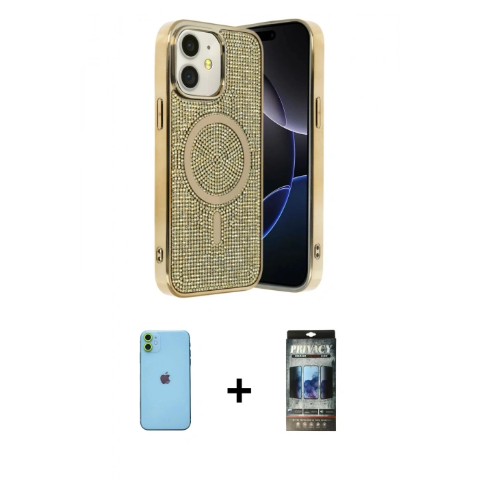 MARSİLYAN™- iPhone 11 Kılıf Eksen Çizgi - Siyah 34D Hayalet Izgaralı Cam + Neon Fosforlu Kamera Lens - YL
