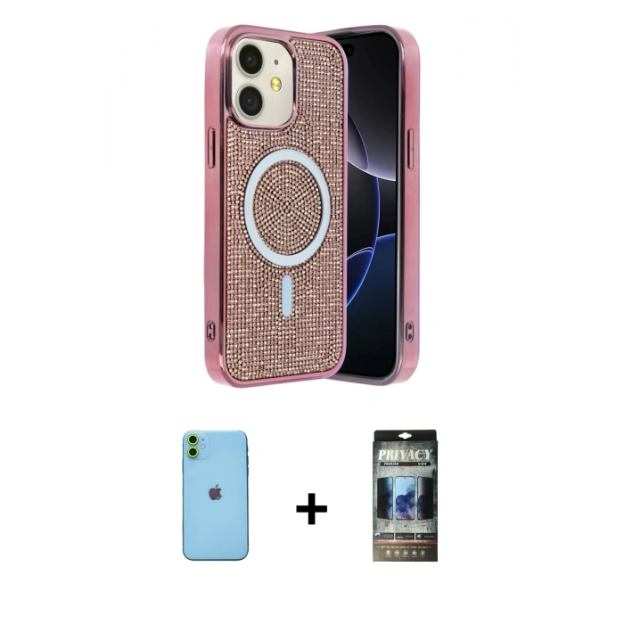 MARSİLYAN™- iPhone 11 Kılıf Eksen Çizgi - Siyah 34D Hayalet Izgaralı Cam + Neon Fosforlu Kamera Lens - YL