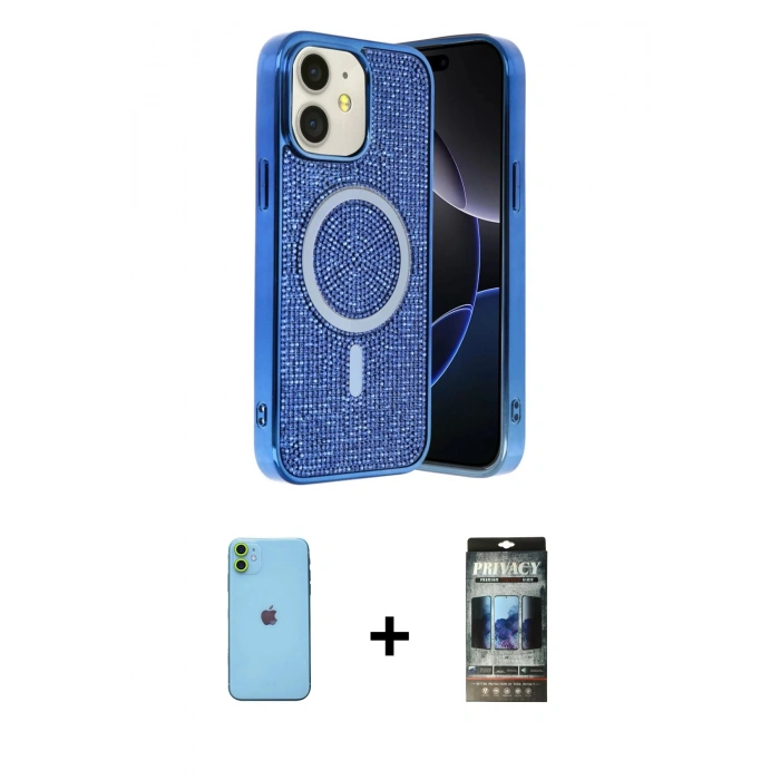 MARSİLYAN™- iPhone 11 Kılıf Eksen Çizgi - Siyah 34D Hayalet Izgaralı Cam + Neon Fosforlu Kamera Lens - YL