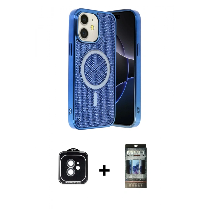 MARSİLYAN™- iPhone 11 Kılıf Eksen Çizgi - Siyah 34D Hayalet Izgaralı Cam + PVD Metal Kamera Lens - YL