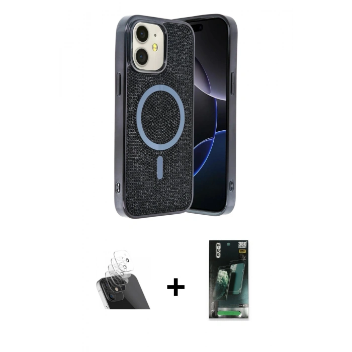 MARSİLYAN™- iPhone 11 Kılıf Eksen Çizgi - Siyah 360 Mat Full Body Arka Koruyucu + Kamera Lens Koruma Cam - SF