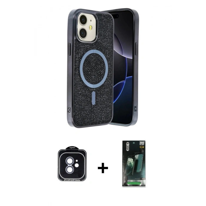 MARSİLYAN™- iPhone 11 Kılıf Eksen Çizgi - Siyah 360 Mat Full Body Arka Koruyucu + PVD Metal Kamera Lens - MI