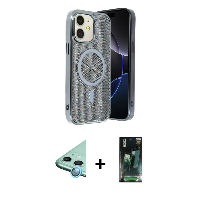 MARSİLYAN™- iPhone 11 Kılıf Eksen Çizgi - Siyah 360 Mat Full Body Arka Koruyucu + Raze Metal Kamera Lens - MI
