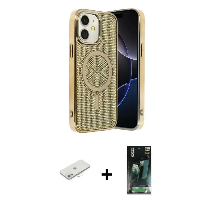 MARSİLYAN™- iPhone 11 Kılıf Eksen Çizgi - Siyah 360 Mat Full Body Arka Koruyucu + Renkli Kamera Lens Koruma Cam - SI
