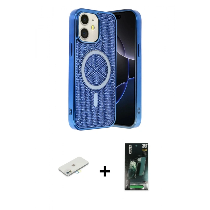 MARSİLYAN™- iPhone 11 Kılıf Eksen Çizgi - Siyah 360 Mat Full Body Arka Koruyucu + Renkli Kamera Lens Koruma Cam - SI