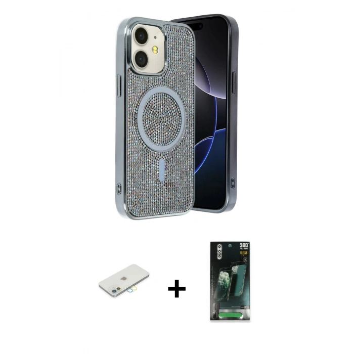 MARSİLYAN™- iPhone 11 Kılıf Eksen Çizgi - Siyah 360 Mat Full Body Arka Koruyucu + Renkli Kamera Lens Koruma Cam - SI