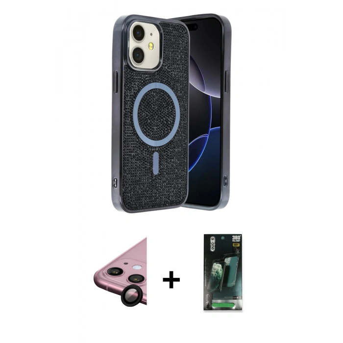 MARSİLYAN™- iPhone 11 Kılıf Eksen Çizgi - Siyah 360 Mat Full Body Arka Koruyucu + Raze Metal Kamera Lens - SH