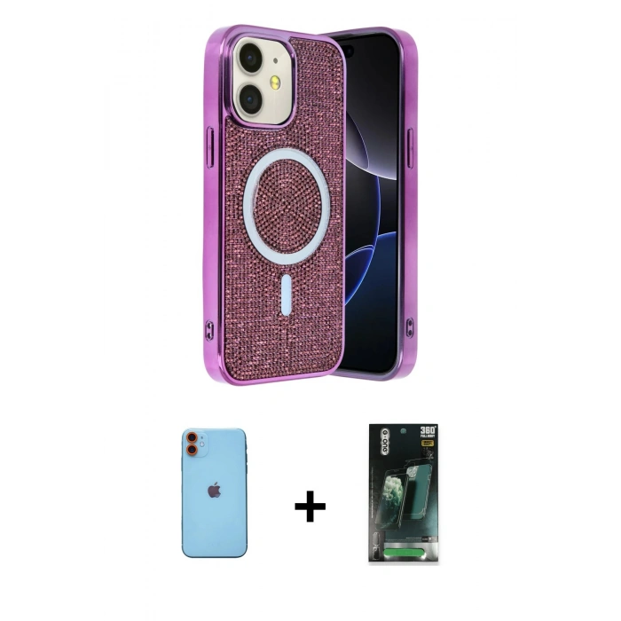 MARSİLYAN™- iPhone 11 Kılıf Eksen Çizgi - Siyah 360 Mat Full Body Arka Koruyucu + Neon Fosforlu Kamera Lens - TU