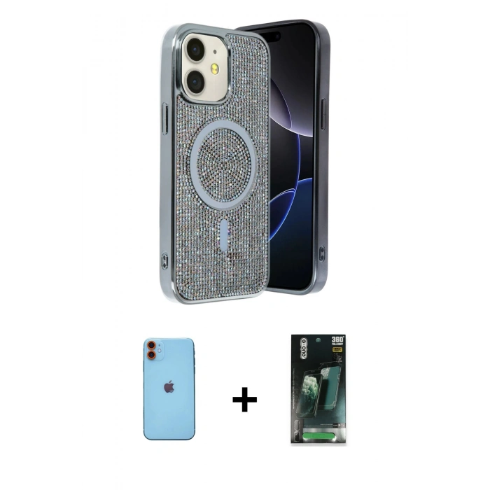 MARSİLYAN™- iPhone 11 Kılıf Eksen Çizgi - Siyah 360 Mat Full Body Arka Koruyucu + Neon Fosforlu Kamera Lens - TU