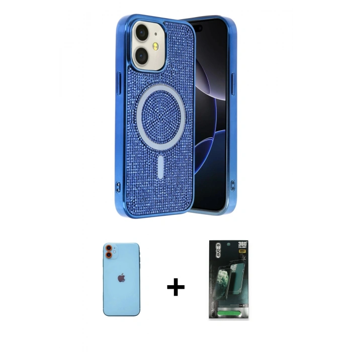 MARSİLYAN™- iPhone 11 Kılıf Eksen Çizgi - Siyah 360 Mat Full Body Arka Koruyucu + Neon Fosforlu Kamera Lens - TU