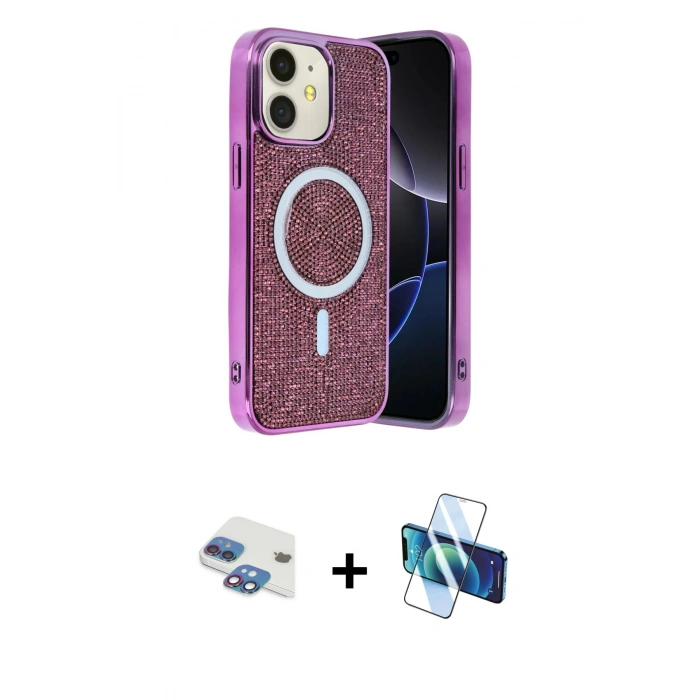 MARSİLYAN™- iPhone 11 Kılıf Eksen Çizgi - Siyah 3D Antistatik Cam Ekran Koruyucu + Pers Alüminyum Kamera Lens - GI