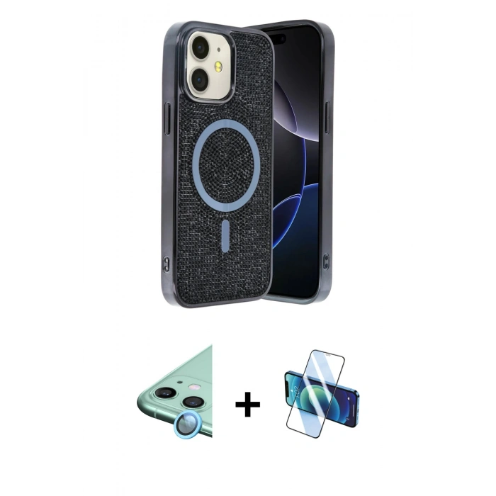 MARSİLYAN™- iPhone 11 Kılıf Eksen Çizgi - Siyah 3D Antistatik Cam Ekran Koruyucu + Raze Metal Kamera Lens - MI