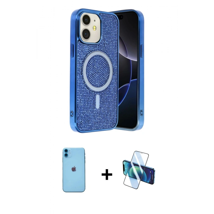 MARSİLYAN™- iPhone 11 Kılıf Eksen Çizgi - Siyah 3D Antistatik Cam Ekran Koruyucu + Neon Fosforlu Kamera Lens - MI